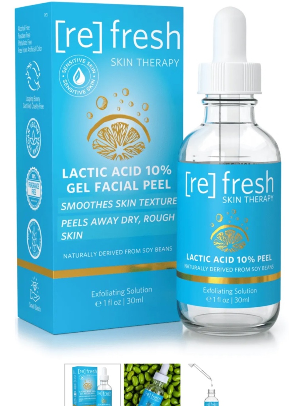 Refresh Lactic Acid 10% Gel Facial Peel in blue and gold